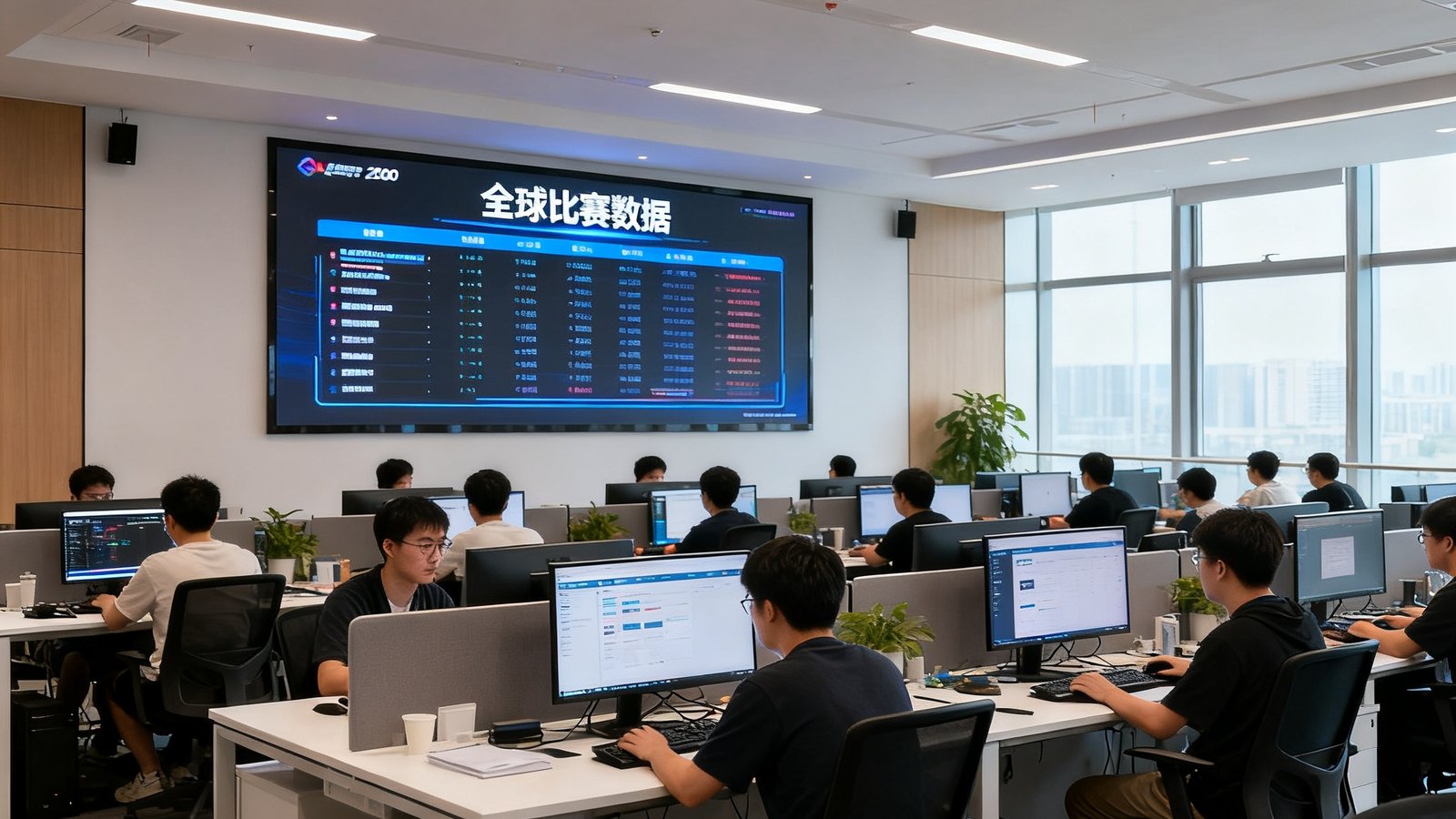 球吧深圳总部办公室实拍，开放式办公区可容纳200多名员工，墙上大屏幕实时滚动全球比赛数据，团队正在专注工作