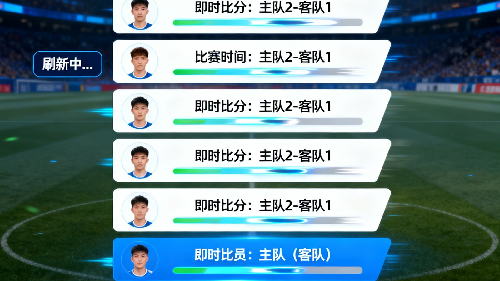 球吧实时比分仪表盘界面展示，包含多场比赛的即时比分、比赛时间和进球球员信息，数据每秒自动刷新